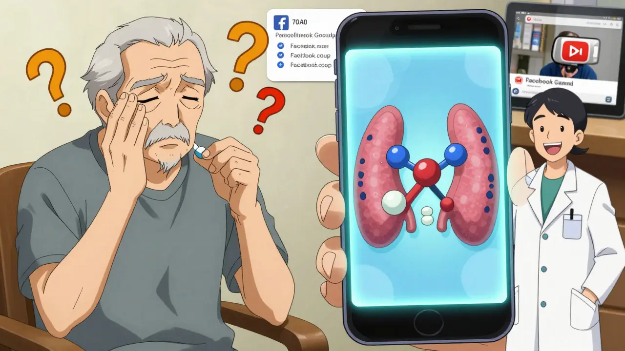 An elderly man sees a holographic explanation of how generic medicine works, guided by a pharmacist's avatar.