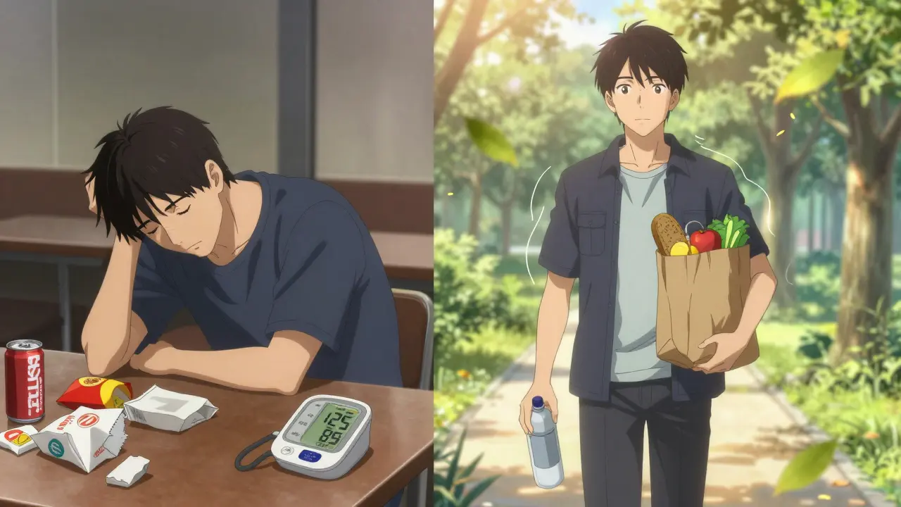 Before-and-after scene: person transitioning from fast food to healthy meals with improved blood pressure readings.