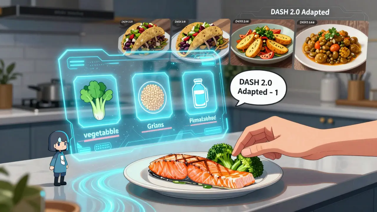 Holographic DASH diet interface with food icons and AI avatar guiding a person to prepare culturally adapted meals.