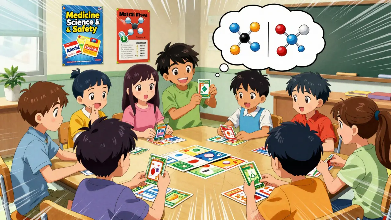 Kids playing a card game matching brand-name and generic drug names in a bright classroom.