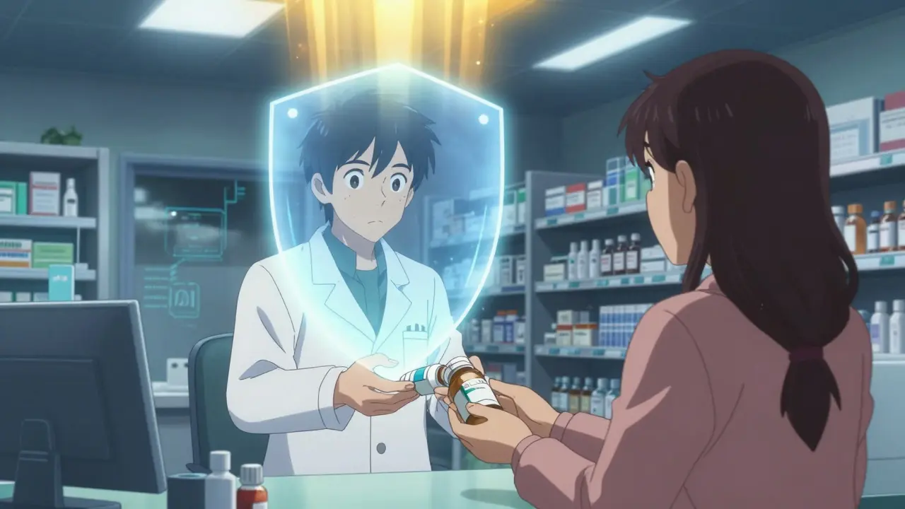 Pharmacist handing medicine to a customer with a protective light shield behind them.