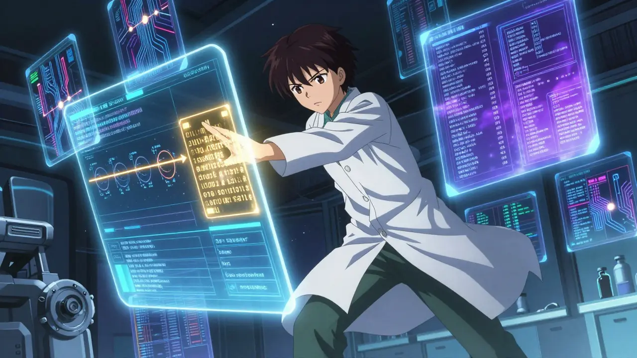Pharmacist surrounded by floating holographic data panels tracking medical safety timelines and updates.
