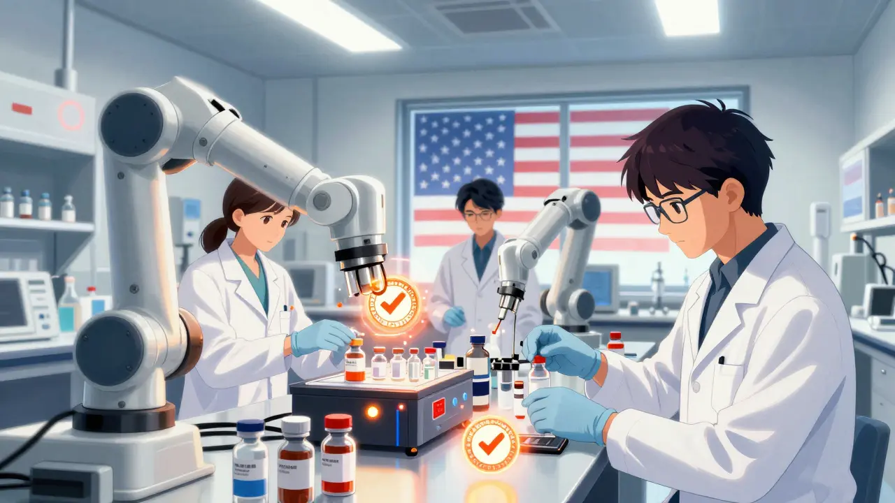 Scientists working in a high-tech lab producing medication with motion blur effects.