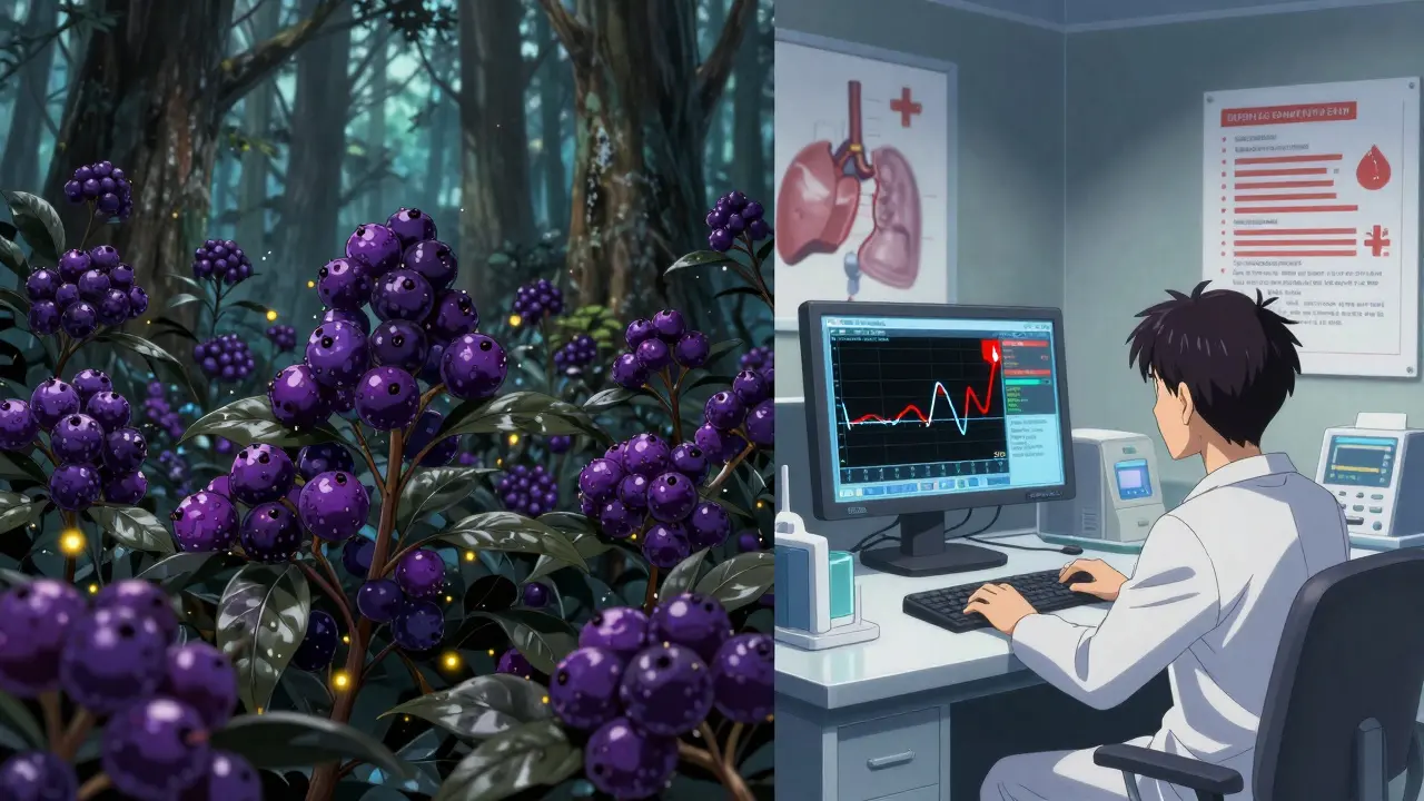 Split scene: vibrant elderberry bushes on one side, medical monitors showing crashing drug levels on the other.