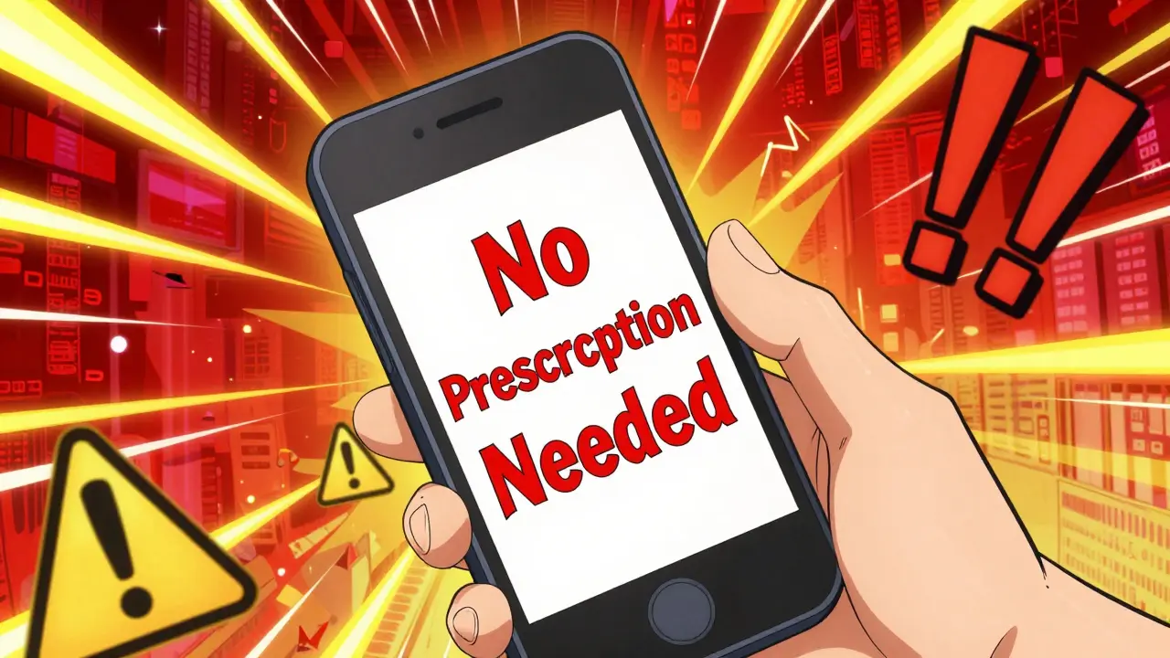 Anime hand holding a phone displaying a red flag 'No Prescription Needed' warning with high contrast colors.