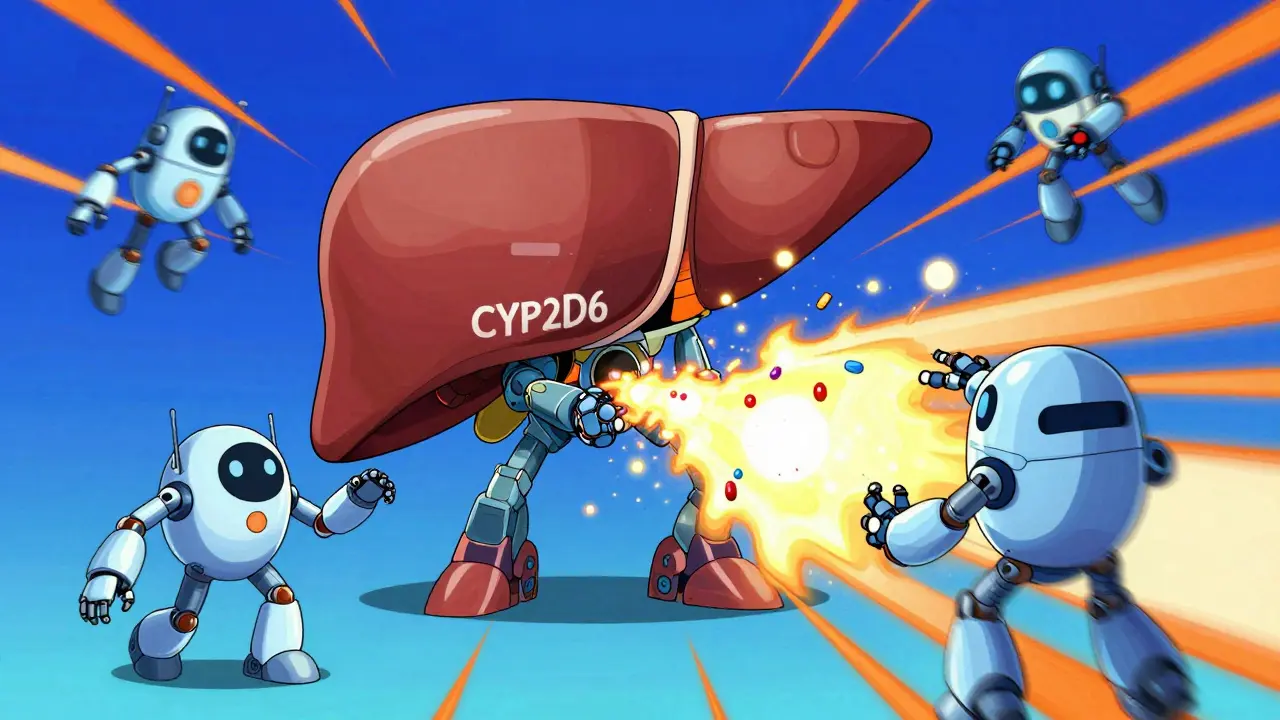 Anime robots representing CYP enzymes processing medication at different speeds.