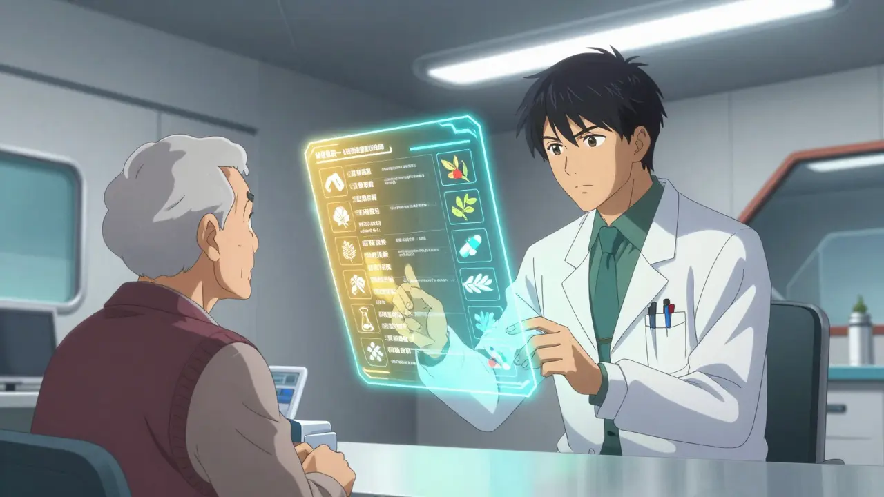 Anime scene of a doctor and senior patient reviewing a glowing holographic medication list in a clinic.