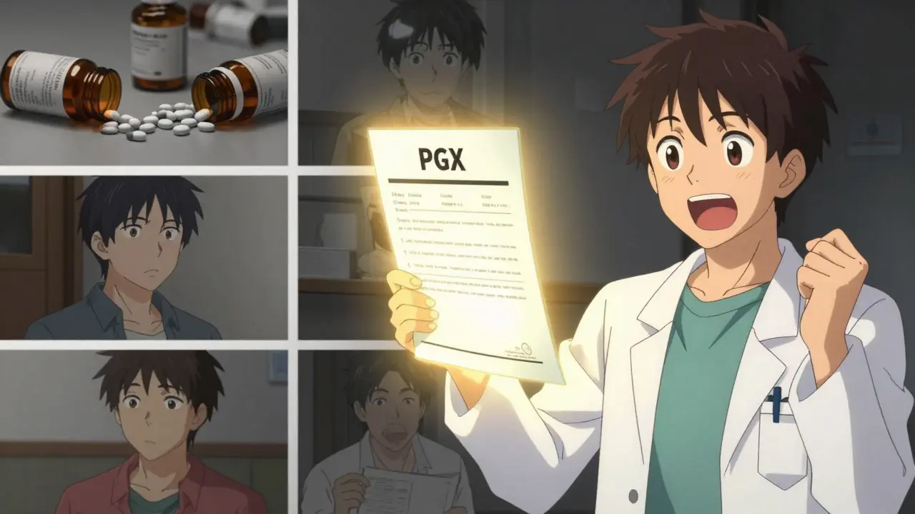 Anime scene of a patient receiving a personalized medicine report from a doctor.
