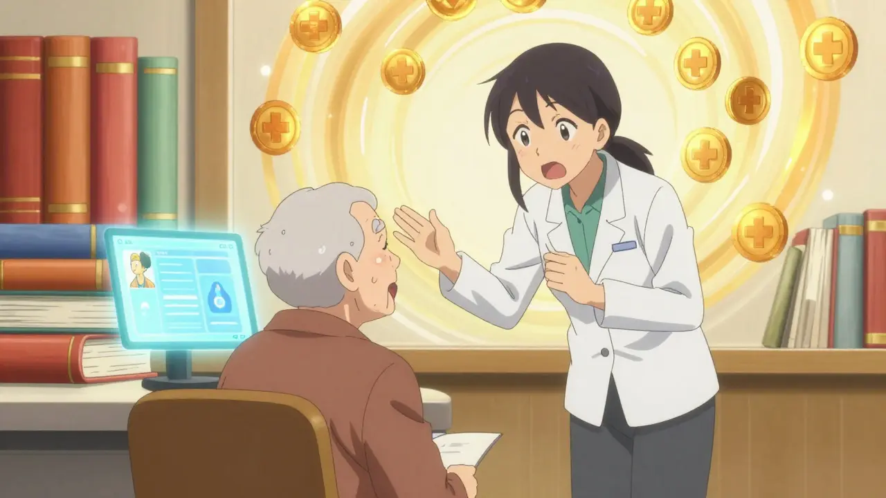 Anime scene of a senior receiving financial aid guidance in a warm, colorful office.