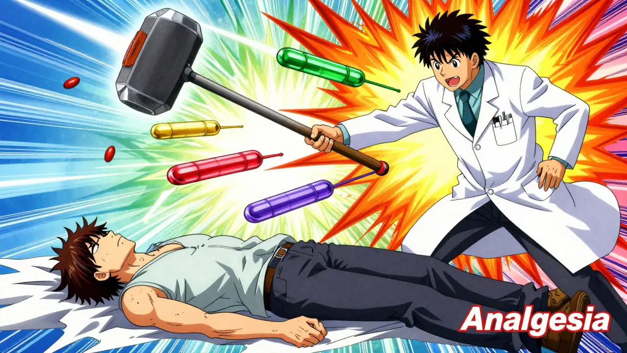 Anime style doctor using multiple colorful energy weapons to defeat a pain monster.