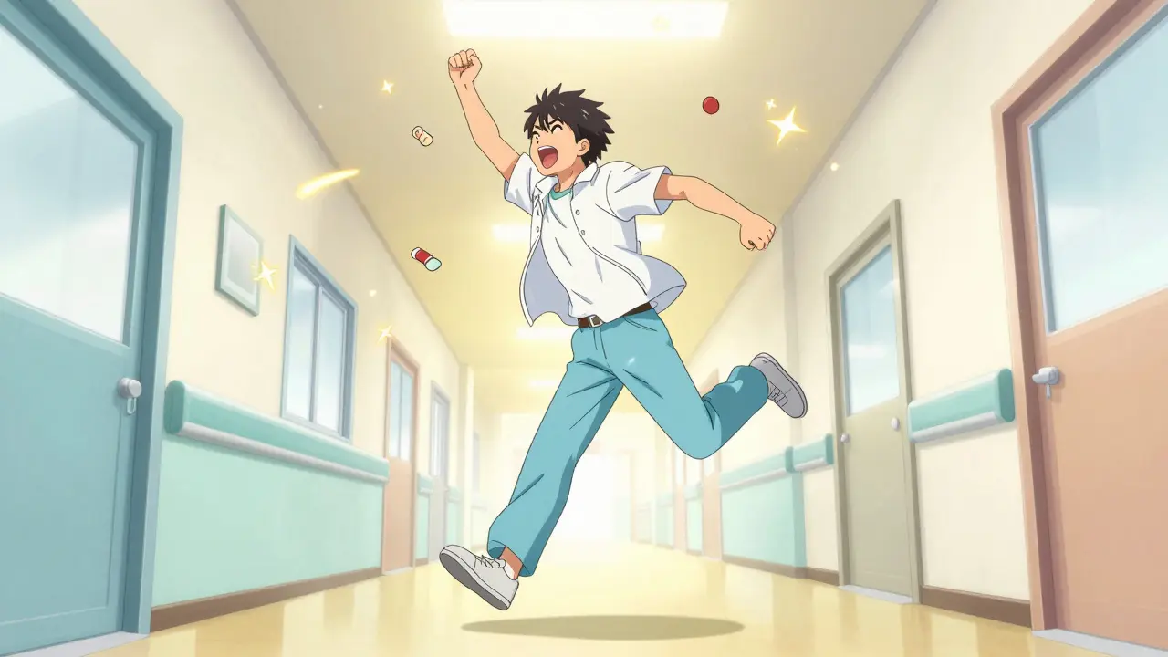 Anime style patient walking energetically in a hospital hall with sparkling effects.