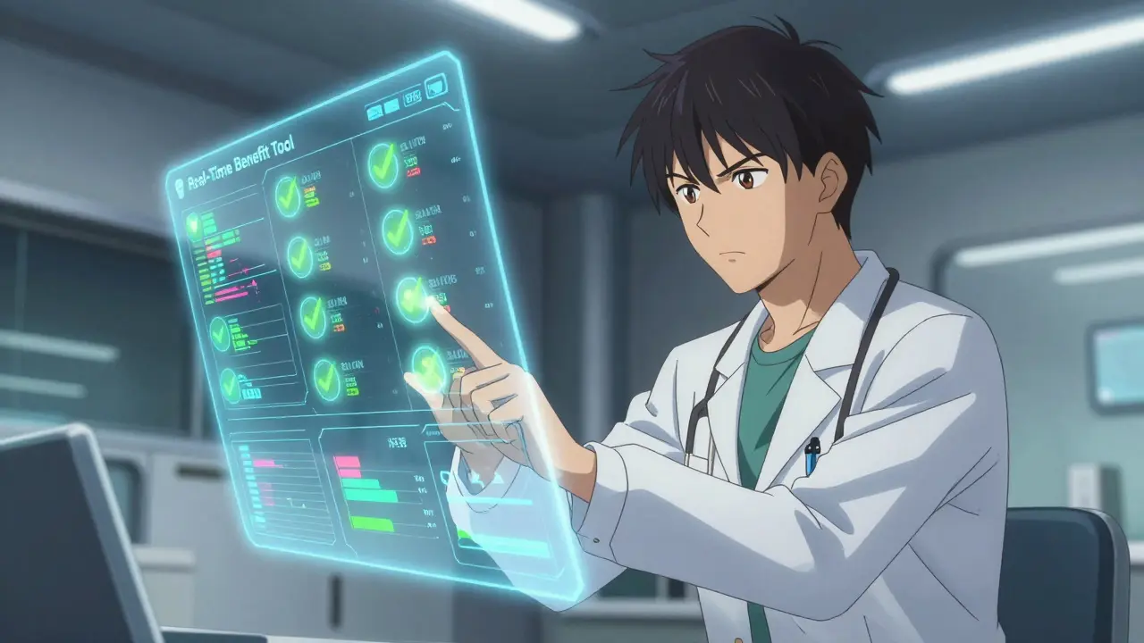 Doctor using a holographic real-time benefit tool to check drug coverage in a futuristic anime setting.