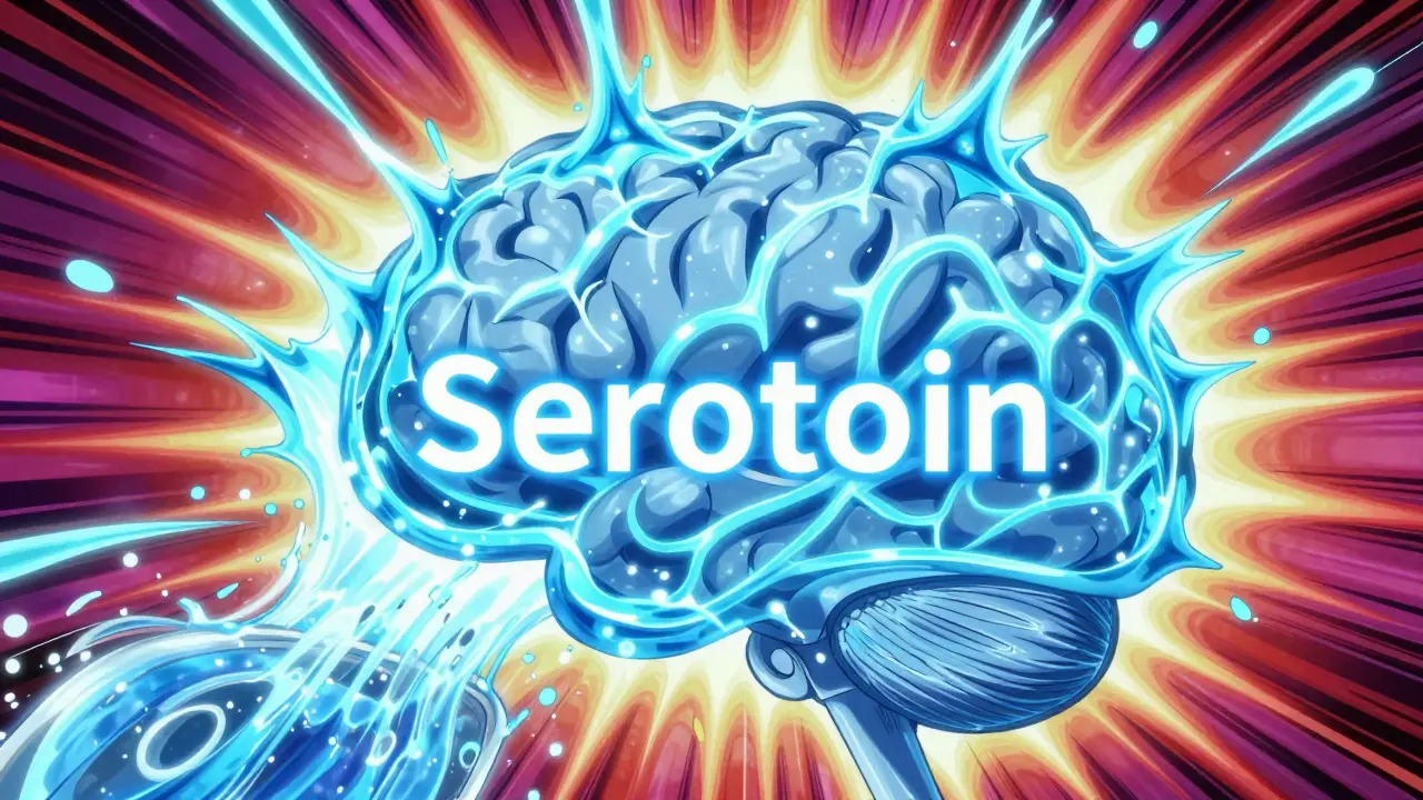 Explosive overflow of glowing blue liquid representing serotonin syndrome