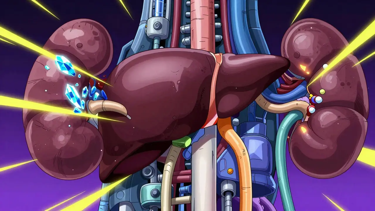 Futuristic anime depiction of the liver and kidneys as glowing mechanical organs with medication buildup.