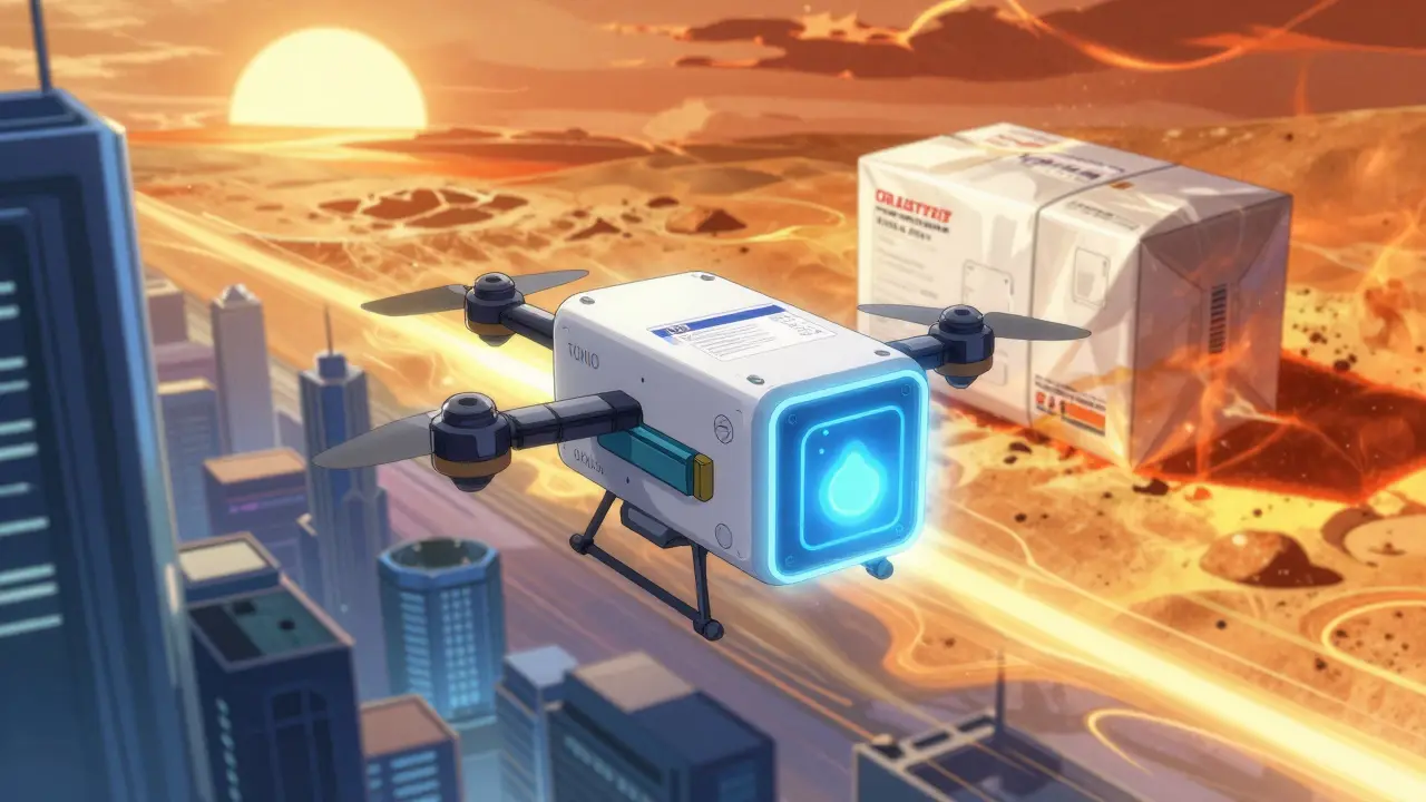 Futuristic delivery drone in a cool city contrasted with a package in extreme heat, anime style.