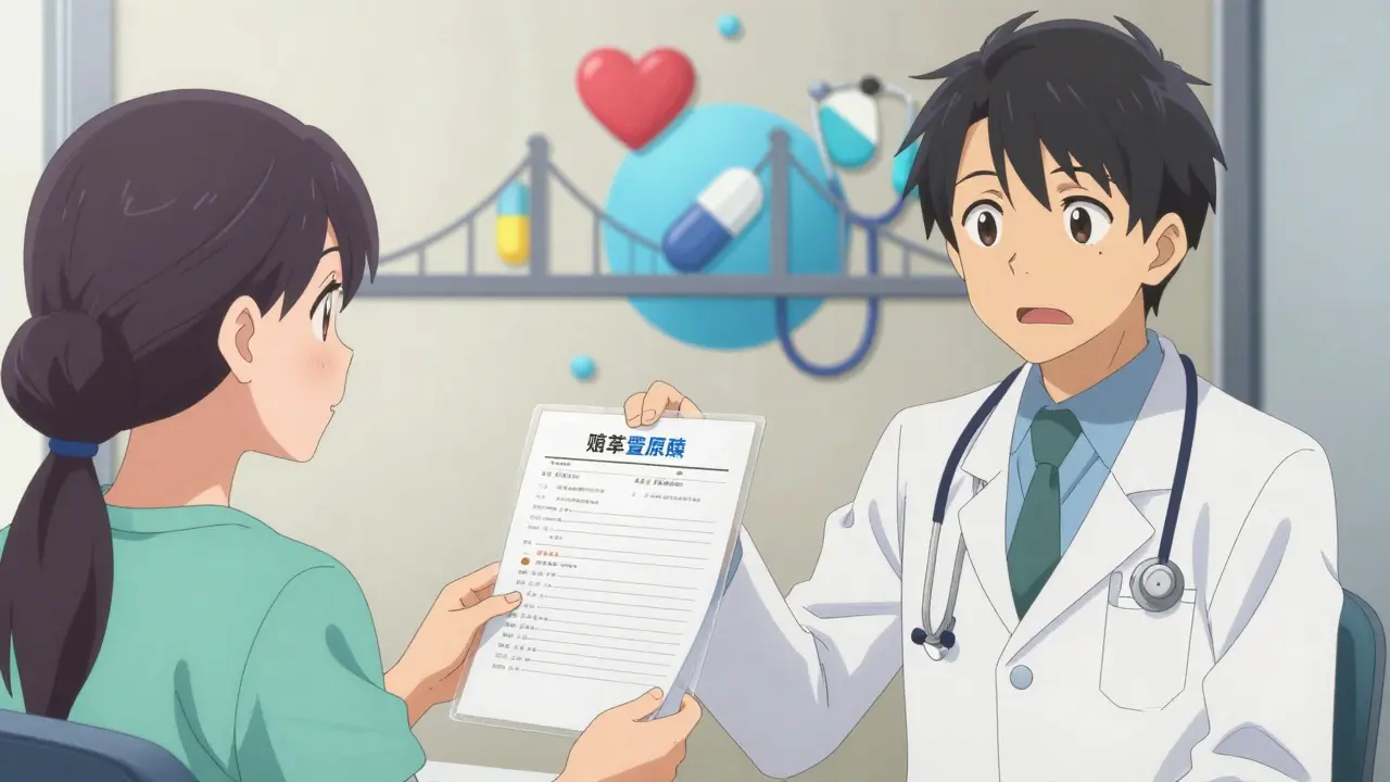 Patient handing a detailed medication list to a doctor to ensure safe care coordination.