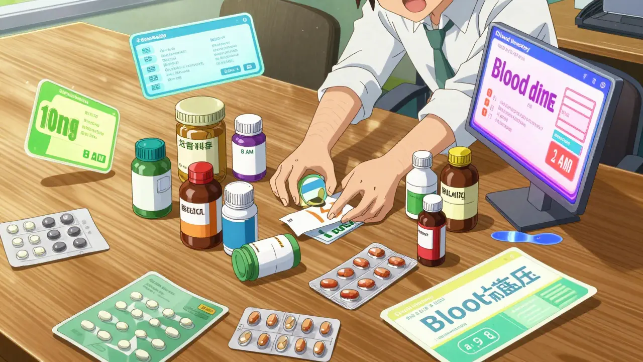 Person gathering various medicine bottles and supplements for a comprehensive inventory.