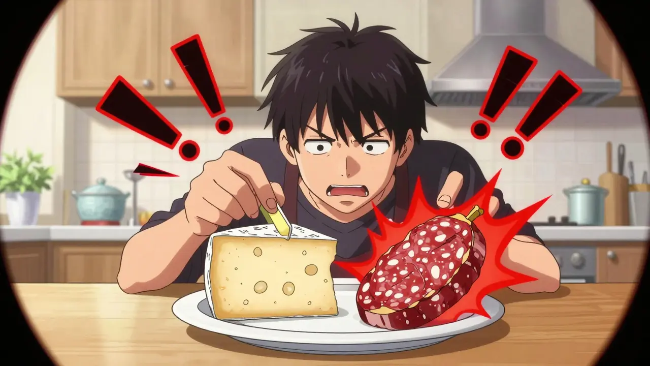 Person in a kitchen viewing aged cheese and salami with red danger auras