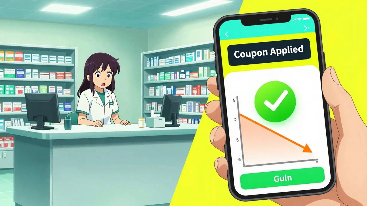 Split screen showing high pharmacy prices versus digital coupon savings in anime style