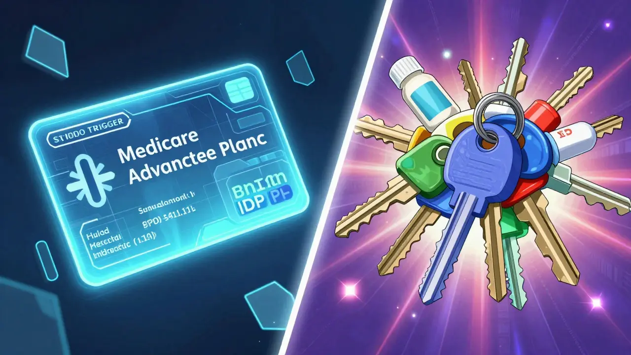 Stylized anime comparison between a bundled health card and flexible pharmacy options.