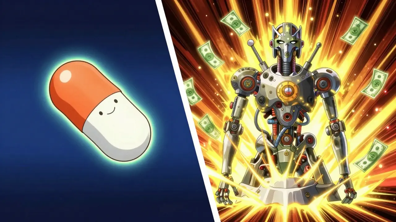 Visual comparison of a cheap generic pill versus an expensive specialty drug in anime style.